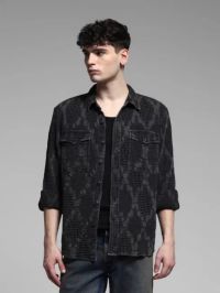 BLACK DOBBY COTTON OVERSIZED SHIRT