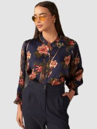 Vivian Navy Blue Printed Satin Top For Women