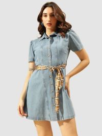 Light Blue Denim Midi Shirt Dress for Women