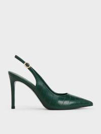 Croc-Embossed Stiletto Heel Slingback Pumps - Animal Print Dark Green