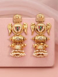 Classic Temple-Inspired Jhumkas with Pearl Drops & Jewel Tones
